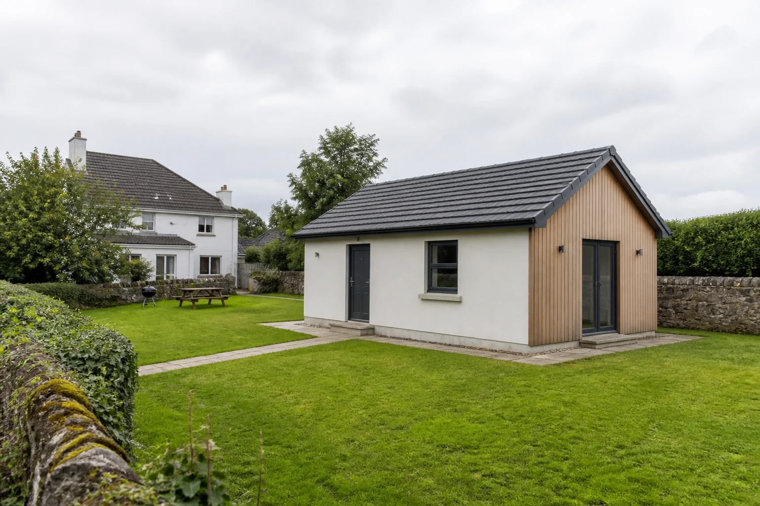 Illustration of a permanent detached modular dwelling in the rear garden of an Irish principal house