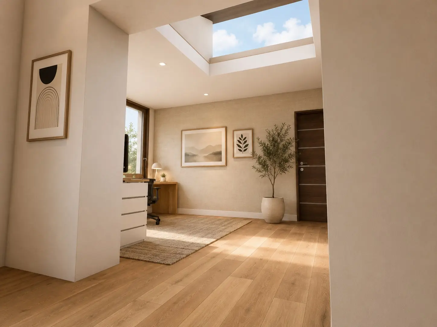 Interior design render with skylight and warm finishes